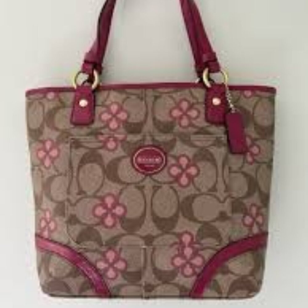 Coach Peyton Signature Khaki & Pink Crossbody Bag Purse Large